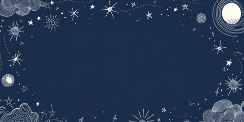 Poster - A navy blue background with white line drawings of stars, clouds, and suns forming an elegant border around the edges. The center is left blank for text or images.