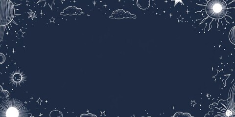 Poster - A navy blue background with white line drawings of stars, clouds, and suns forming an elegant border around the edges. The center is left blank for text or images.