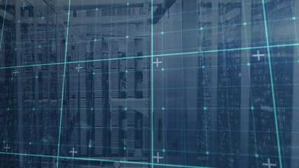 Poster - Server racks being visualized under glowing blue grid overlay, featuring cables and binary streams