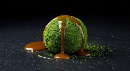 vegan jerusalem artichoke sphere with kale powder and tamarind sauce, on black stone. white, green, 