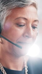 Poster - Office, businesswoman and customer service on headset for call center, talking or crm help with listening. Career, mature person and female agent with advice for sales support, consulting or feedback