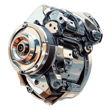 Chrome engine futuristic design detailed rendering polished metal on transparent background