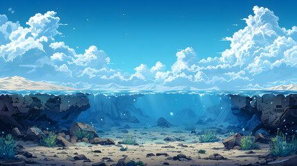 pixel art seascape: sunny beach meets underwater reef