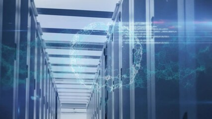 Poster - 3D holographic globe floating in server corridor, showing glowing nodes and code overlay
