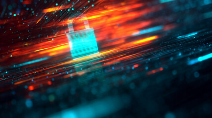 Poster - abstract image of cyan padlock on red-orange digital background, symbolizing data security and onlin