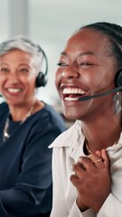 Poster - Call center, high five and business women in office for online help, success or sales goal. Professional team, collaboration and excited people celebrate for customer service, contact us or promotion