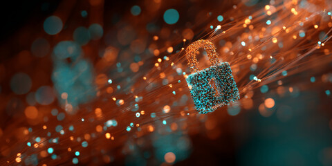 Poster - abstract image of padlock among glowing fibers, symbolizing digital security and data protection, su