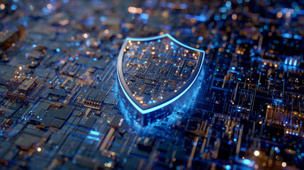Poster - metallic shield icon on circuit board, glowing blue, symbolizes digital security and protection, ide