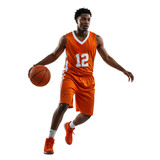A male basketball player in an orange jersey