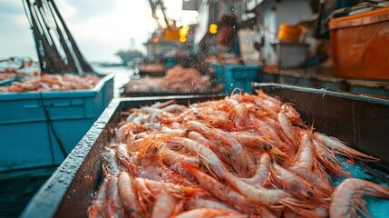 Poster - Freshly caught shrimp piled high in metal crates on a fishing boat.