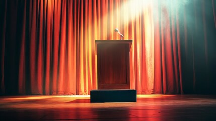 Poster - Podium with microphone on stage, illuminated by spotlights, against red curtains.
