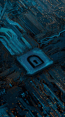 Poster - close-up of circuit board texture with glowing blue lines and a central padlock, symbolizing digital