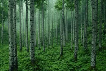Misty Green Forest with Tall Slender Trees