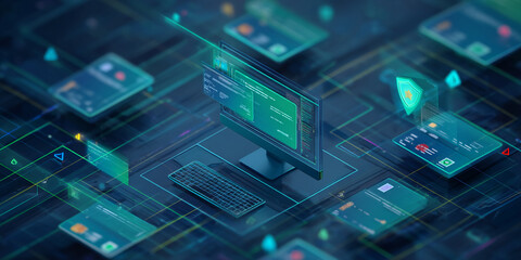 Poster - cybersecurity concept image: computer, keyboard, and digital interfaces showcasing data protection, 