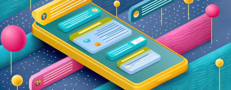 Isometric phone display with floating text bubbles and colorful abstract background