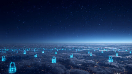 Poster - night sky view, numerous glowing blue padlocks scattered across a cloud layer, representing global c