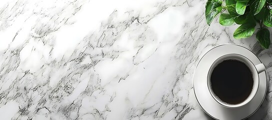 Poster - Delicate White Marble Surface with Coffee Cup and Greenery