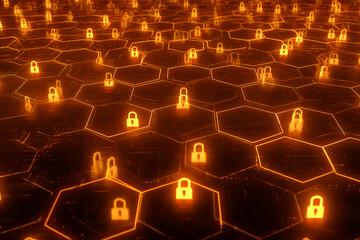 Poster - glowing orange padlock icons on hexagonal grid, digital network security concept, symbolizes data pr