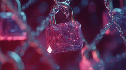 Poster - pink glass padlock hanging on a chain, glowing with inner light, symbolizing digital security and ne
