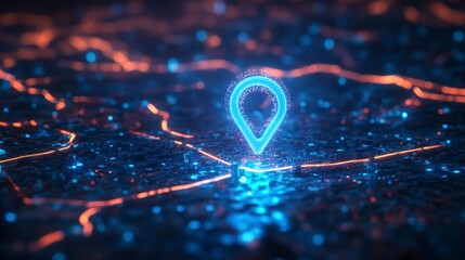 Poster - Glowing digital map pin over a city at night.