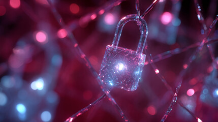 Fototapete - Glass padlock glowing with pink and blue light, suspended amidst blurred bokeh lights, symbolizing digital security or data protection