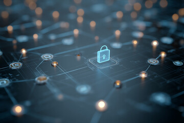 Poster - cybersecurity concept image featuring a glowing padlock icon on a digital network background, symbol