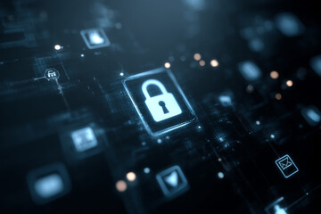Fototapete - Cybersecurity concept image featuring a glowing padlock icon on a dark digital background, symbolizing data protection and online security