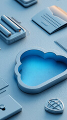 Fototapete - Cloud-shaped cutout on textured surface, surrounded by digital icons, representing data storage, security, or cloud computing concept