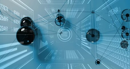 Poster - Black nodes floating inside data corridor, displaying blue connecting lines and holographic panels