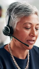 Poster - Advice, microphone and call center with business woman for customer support, help desk or virtual financial advisor. Contact us, investment banker and account consultant with mature person in office