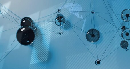 Poster - Hanging network featuring black nodes linking with wires against blue wall casting diagonal shadows