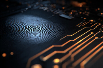 Fototapete - Close-up of fingerprint on dark circuit board, showcasing technology, security, and digital identity concepts.  Represents biometric authentication and data protection