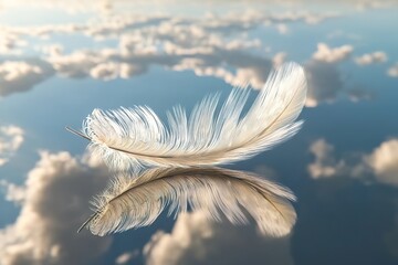 Wall Mural - two feathers floating in the sky, a white feather on top of the other, with a background of clouds.