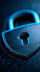 Fototapete - Close-up of dark blue padlock, metallic texture,  glowing blue outline, symbolizing digital security, safety, and data protection