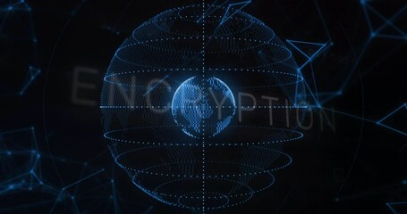 Poster - digital globe rotating and glowing in abstract network space, showing encryption text, dotted rings