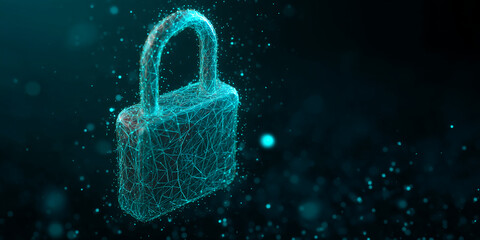 Poster - abstract padlock formed of glowing teal lines against dark background, symbolizes digital security, 