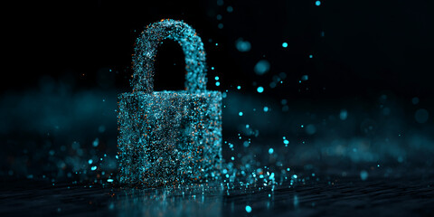 Fototapete - Teal padlock formed by particles, dark background, sparkling particles around it, symbolizing digital security and data protection