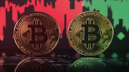 Poster - Two gold Bitcoin cryptocurrency coins reflecting on a surface against a dynamic price chart background.