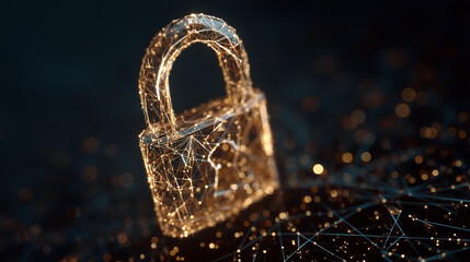 Poster - abstract padlock image, glowing gold lines forming a network structure, dark background, symbolizes 