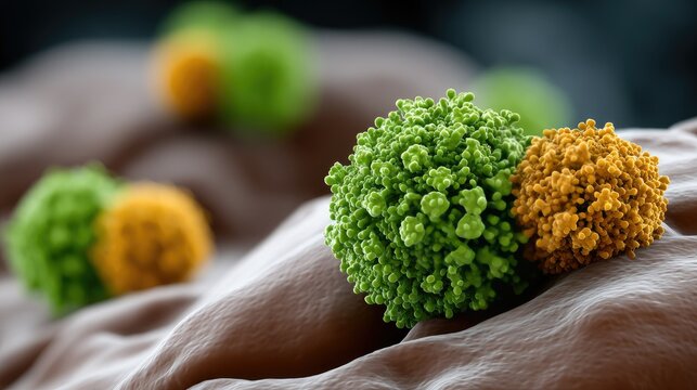 Detailed 3D rendering of a human liver affected by Hepatocellular carcinoma with visible coral green and yellow viruses within a dark blurred background