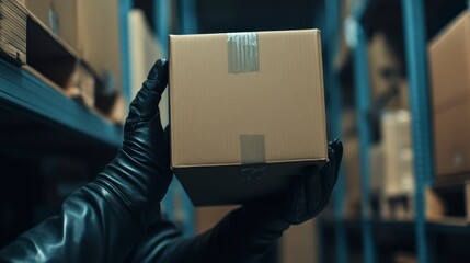 Poster - Gloved hands hold a cardboard box in a warehouse.