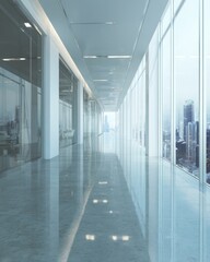 Poster - Modern office interior view of a long bright hallway with glass walls and city skyline view from the windows