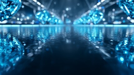 Poster - Blue Reflective Surface with Lights - Abstract of a reflective surface with blue lights and geometric shapes, creating a futuristic and technological atmosphere
