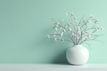 Poster - Minimalist Still Life of White Flowers in Vase on Shelf against Light Green Wall Backdrop Studio Shot for Interior Design