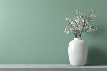 Aufkleber - White Vase with Flowering Branches on Shelf Against Green Wall Minimalist Still Life Interior Design