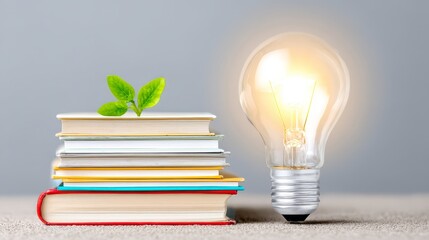 Poster - Books and Bright Ideas: Glowing Bulb and Stack of Books - Knowledge, growth, inspiration, learning, and illumination. A stack of books topped with a sprout