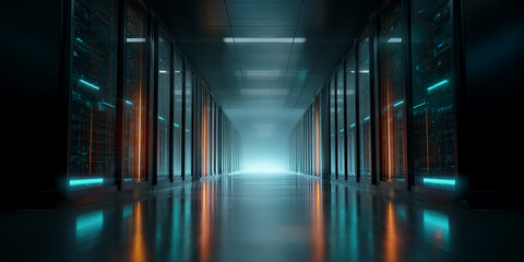 Fototapete - Long corridor of server racks, illuminated with blue and orange lights, creating a futuristic, technological atmosphere, showcasing data center infrastructure