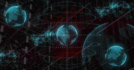 Poster - Floating holographic globes rotating over dark code panels, highlighting red grid and node clusters