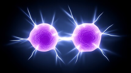 Aufkleber - Cellular Connection: Microscopic Life - Vivid of two cells connected, showcasing intricate cellular structures and glowing energy. Ideal for science, biology, and medical contexts