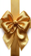 Poster - Golden satin ribbon bow tied on white background overhead studio shot for gift wrapping or decoration